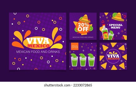 Mexican native food snacks and drinks. Square banners - vector illustration. Collection of square layouts for social networks. Promo of restaurant