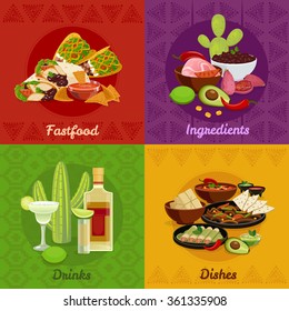 Mexican native food spicy dishes snacks and drinks 4 flat icons square composition banner isolated vector illustration