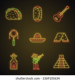 Mexican neon light icons set. Cinco de Mayo. Traditional food, drink, music, clothes, attractions. Taco, burrito, guitar, drum, pyramid, sombrero, serape. Glowing signs. Vector isolated illustrations