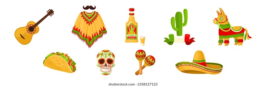 Mexican Objects and Symbols with Guitar, Poncho, Tequila, Cactus, Llama, Skull, Maraca and Sombrero Hat Vector Set