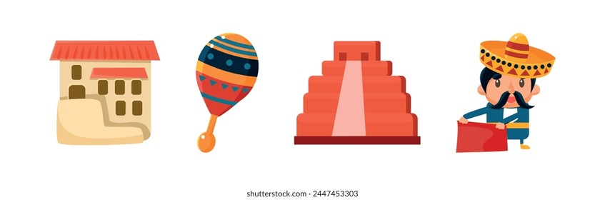 Mexican Objects and Symbols with Maraca, Monument, House and Man Toreador Vector Set