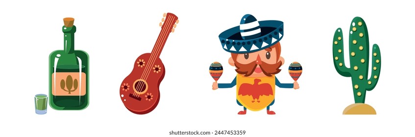 Mexican Objects and Symbols with Tequila, Guitar, Cactus and Man Play Maraca Vector Set