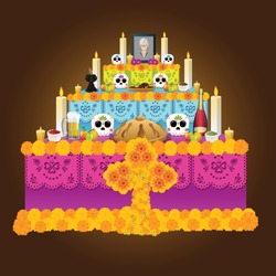 Mexican Offering With All The Elements That Make Up The Altar To The Dead In Mexican Customs, Bread, Fruits, Drinks, Flowers, Etc. New Design Of The Day Of The  Dead Series