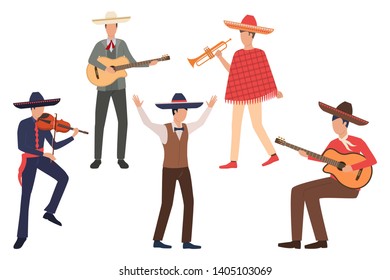 Mexican orchestra. Set of men in sombreros playing musical instruments and singing. Show concept. Vector illustration can be used for topics like fiesta, Mexico, culture