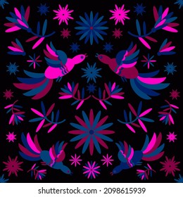 Mexican ornament with decorative flowers and birds. Seamless pattern. Ethnic boho ornament. Vector illustration for web design or print.