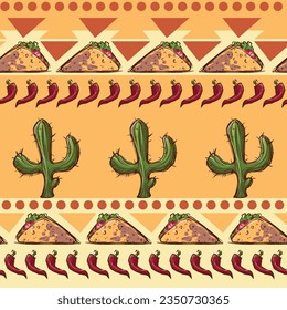 Mexican ornament with sketch style hand drawn cactuses, jalapeno and tacos. Mexican color palette. Seamless pattern. EPS10 vector illustration