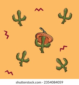 Mexican ornament with sketch style hand drawn cactuses wearing sombreros. Mexican color palette. Seamless pattern. EPS10 vector illustration