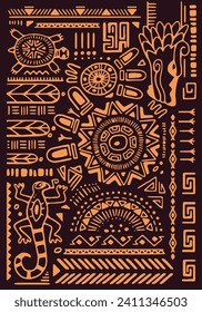 Mexican ornamental background. Aztec symbols, ethnic elements, golden lines on abstract tribal pattern. African print on poster. Monochrome wall art, decor in ancient style. Flat vector illustration