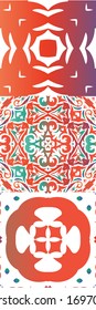 Mexican ornamental talavera ceramic. Bathroom design. Set of vector seamless patterns. Red vintage backdrops for wallpaper, web background, towels, print, surface texture, pillows.