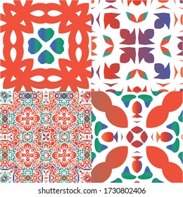 Mexican ornamental talavera ceramic. Bathroom design. Set of vector seamless patterns. Red vintage backdrops for wallpaper, web background, towels, print, surface texture, pillows.