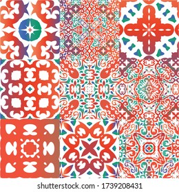 Mexican ornamental talavera ceramic. Bathroom design. Kit of vector seamless patterns. Red vintage backdrops for wallpaper, web background, towels, print, surface texture, pillows.