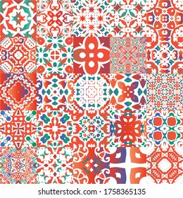 Mexican ornamental talavera ceramic. Bathroom design. Set of vector seamless patterns. Red vintage backdrops for wallpaper, web background, towels, print, surface texture, pillows.
