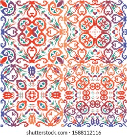 Mexican ornamental talavera ceramic. Collection of vector seamless patterns. Kitchen design. Red vintage backdrops for wallpaper, web background, towels, print, surface texture, pillows.