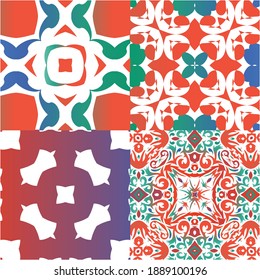 Mexican ornamental talavera ceramic. Collection of vector seamless patterns. Modern design. Red vintage backdrops for wallpaper, web background, towels, print, surface texture, pillows.