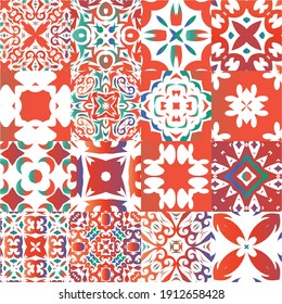 Mexican ornamental talavera ceramic. Collection of vector seamless patterns. Stylish design. Red vintage backdrops for wallpaper, web background, towels, print, surface texture, pillows.