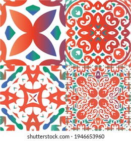 Mexican ornamental talavera ceramic. Collection of vector seamless patterns. Geometric design. Red vintage backdrops for wallpaper, web background, towels, print, surface texture, pillows.