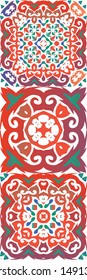 Mexican ornamental talavera ceramic. Colored design. Set of vector seamless patterns. Red vintage backdrops for wallpaper, web background, towels, print, surface texture, pillows.