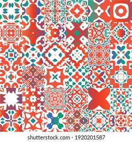 Mexican ornamental talavera ceramic. Colored design. Collection of vector seamless patterns. Red vintage backdrops for wallpaper, web background, towels, print, surface texture, pillows.