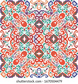 Mexican ornamental talavera ceramic. Creative design. Vector seamless pattern poster. Red vintage backdrop for wallpaper, web background, towels, print, surface texture, pillows.