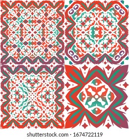 Mexican ornamental talavera ceramic. Creative design. Kit of vector seamless patterns. Red vintage backdrops for wallpaper, web background, towels, print, surface texture, pillows.