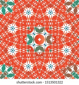 Mexican ornamental talavera ceramic. Fashionable design. Vector seamless pattern frame. Red vintage backdrop for wallpaper, web background, towels, print, surface texture, pillows.