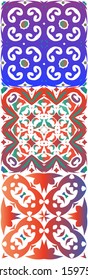 Mexican ornamental talavera ceramic. Fashionable design. Collection of vector seamless patterns. Red vintage backdrops for wallpaper, web background, towels, print, surface texture, pillows.