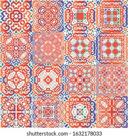Mexican ornamental talavera ceramic. Fashionable design. Kit of vector seamless patterns. Red vintage backdrops for wallpaper, web background, towels, print, surface texture, pillows.