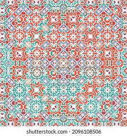 Mexican ornamental talavera ceramic. Geometric design. Vector seamless pattern collage. Red vintage backdrop for wallpaper, web background, towels, print, surface texture, pillows.