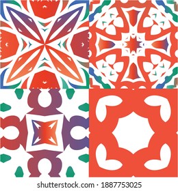 Mexican ornamental talavera ceramic. Graphic design. Set of vector seamless patterns. Red vintage backdrops for wallpaper, web background, towels, print, surface texture, pillows.