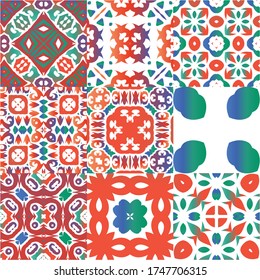 Mexican ornamental talavera ceramic. Hand drawn design. Kit of vector seamless patterns. Red vintage backdrops for wallpaper, web background, towels, print, surface texture, pillows.