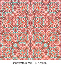 Mexican ornamental talavera ceramic. Hand drawn design. Vector seamless pattern arabesque. Red vintage backdrop for wallpaper, web background, towels, print, surface texture, pillows.