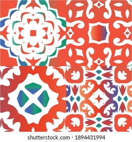 Mexican ornamental talavera ceramic. Hand drawn design. Set of vector seamless patterns. Red vintage backdrops for wallpaper, web background, towels, print, surface texture, pillows.