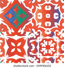 Mexican ornamental talavera ceramic. Hand drawn design. Set of vector seamless patterns. Red vintage backdrops for wallpaper, web background, towels, print, surface texture, pillows.