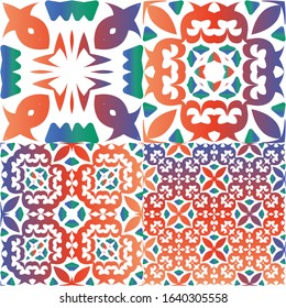 Mexican ornamental talavera ceramic. Kit of vector seamless patterns. Universal design. Red vintage backdrops for wallpaper, web background, towels, print, surface texture, pillows.