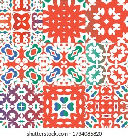 Mexican ornamental talavera ceramic. Kit of vector seamless patterns. Universal design. Red vintage backdrops for wallpaper, web background, towels, print, surface texture, pillows.
