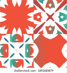 Mexican ornamental talavera ceramic. Kit of vector seamless patterns. Minimal design. Red vintage backdrops for wallpaper, web background, towels, print, surface texture, pillows.