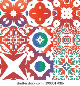 Mexican ornamental talavera ceramic. Kit of vector seamless patterns. Hand drawn design. Red vintage backdrops for wallpaper, web background, towels, print, surface texture, pillows.