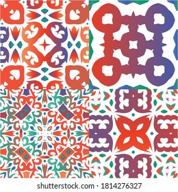 Mexican ornamental talavera ceramic. Kitchen design. Set of vector seamless patterns. Red vintage backdrops for wallpaper, web background, towels, print, surface texture, pillows.