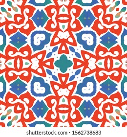Mexican ornamental talavera ceramic. Minimal design. Vector seamless pattern theme. Red vintage backdrop for wallpaper, web background, towels, print, surface texture, pillows.