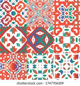 Mexican ornamental talavera ceramic. Minimal design. Set of vector seamless patterns. Red vintage backdrops for wallpaper, web background, towels, print, surface texture, pillows.