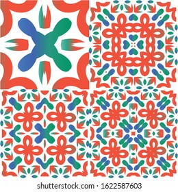 Mexican ornamental talavera ceramic. Modern design. Collection of vector seamless patterns. Red vintage backdrops for wallpaper, web background, towels, print, surface texture, pillows.