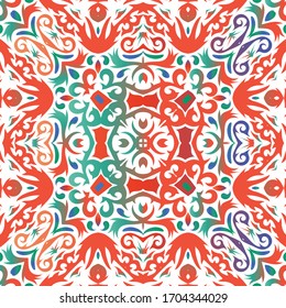 Mexican ornamental talavera ceramic. Modern design. Vector seamless pattern arabesque. Red vintage backdrop for wallpaper, web background, towels, print, surface texture, pillows.