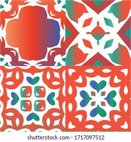 Mexican ornamental talavera ceramic. Modern design. Set of vector seamless patterns. Red vintage backdrops for wallpaper, web background, towels, print, surface texture, pillows.