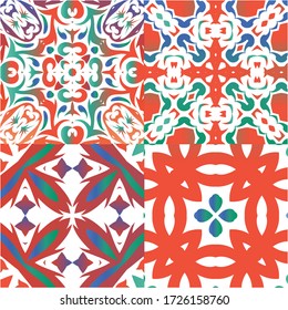 Mexican ornamental talavera ceramic. Modern design. Set of vector seamless patterns. Red vintage backdrops for wallpaper, web background, towels, print, surface texture, pillows.