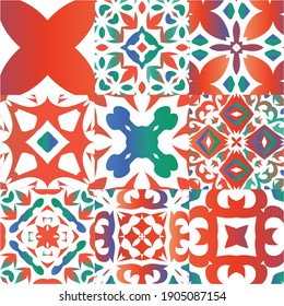 Mexican ornamental talavera ceramic. Set of vector seamless patterns. Geometric design. Red vintage backdrops for wallpaper, web background, towels, print, surface texture, pillows.