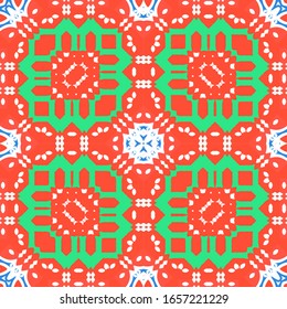 Mexican ornamental talavera ceramic. Stylish design. Vector seamless pattern theme. Red vintage backdrop for wallpaper, web background, towels, print, surface texture, pillows.