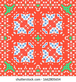 Mexican ornamental talavera ceramic. Stylish design. Vector seamless pattern theme. Red vintage backdrop for wallpaper, web background, towels, print, surface texture, pillows.