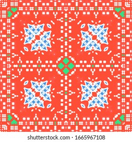 Mexican ornamental talavera ceramic. Stylish design. Vector seamless pattern theme. Red vintage backdrop for wallpaper, web background, towels, print, surface texture, pillows.