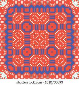Mexican ornamental talavera ceramic. Stylish design. Vector seamless pattern theme. Red vintage backdrop for wallpaper, web background, towels, print, surface texture, pillows.