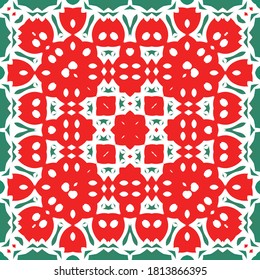 Mexican ornamental talavera ceramic. Stylish design. Vector seamless pattern theme. Red vintage backdrop for wallpaper, web background, towels, print, surface texture, pillows.